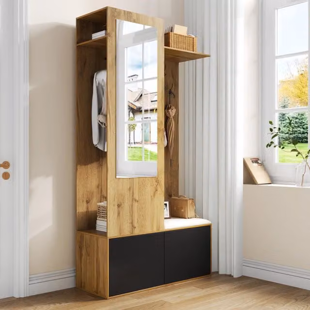 Set di mobili da ingresso con panca specchio e 5 ganci in MDF nero e naturale 100 × 38 × 191 cm