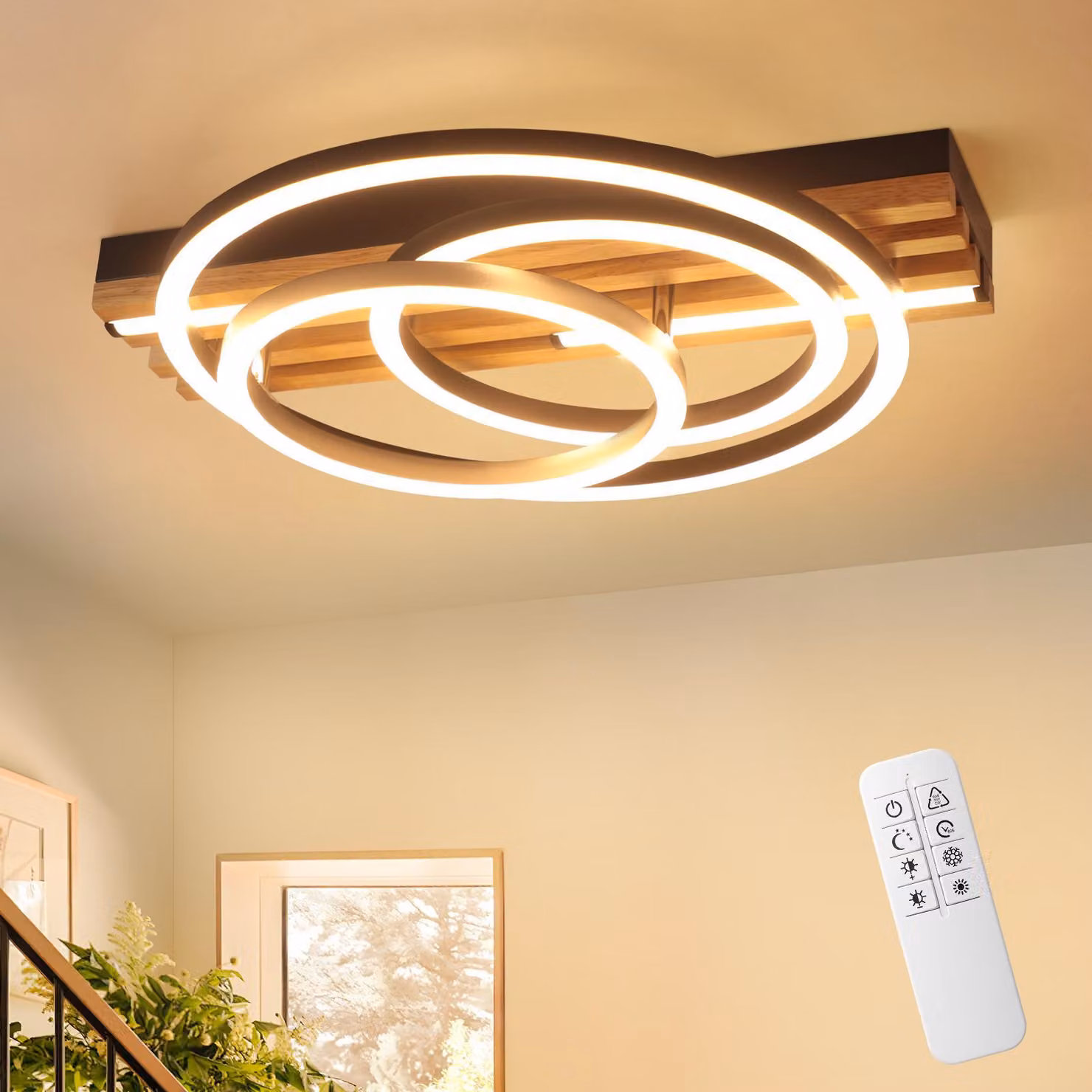 ZMH LED lampada a soffitto 44W lampada a soffitto 38CM lin legno dimmerabile ampada a soffitto 3 anelli con telecomando rotonda per camera cucina sala