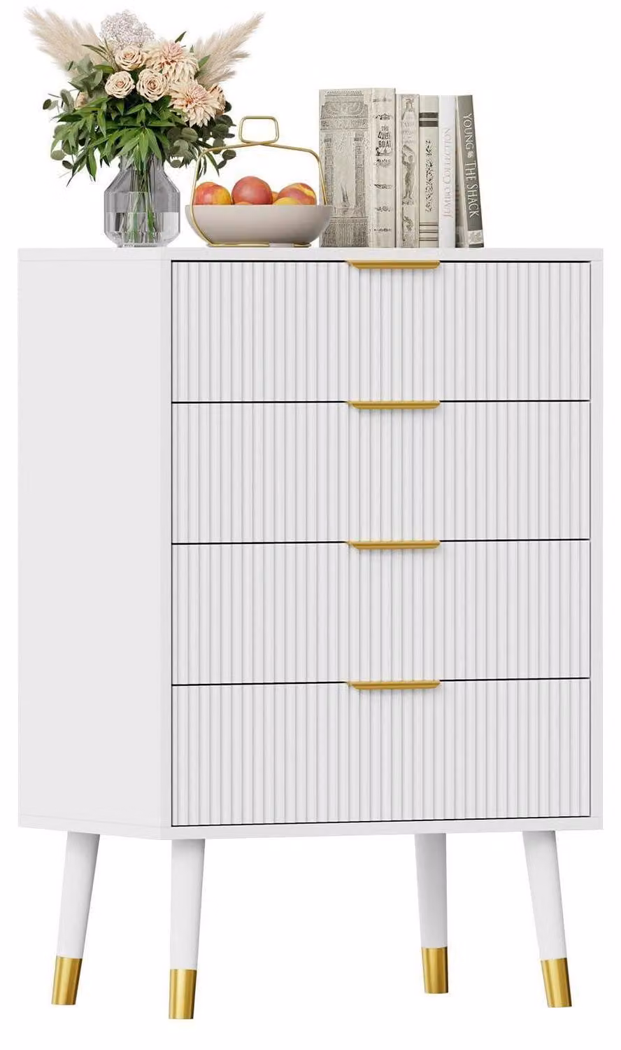 Comodino con 4 cassetti, dimensioni 89x39x60 cm, colore bianco, con superficie scanalata