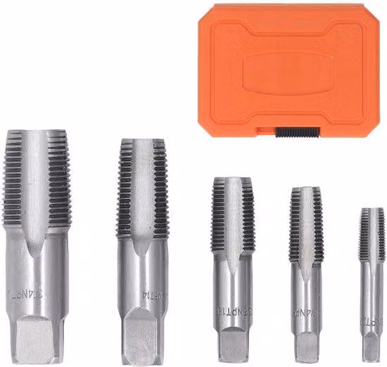 Set di maschi elicoidali Acciaio al carbonio, 5 pezzi - Set di maschi per filettature coniche (NPT) - Dimensioni: 3/4 di pollice, 1/2 di pollice, 3/8 di pollice, 1/4 di pollice, 1/8 di pollice - Set di avvitatori - Filettature precise - Set di maschi elic