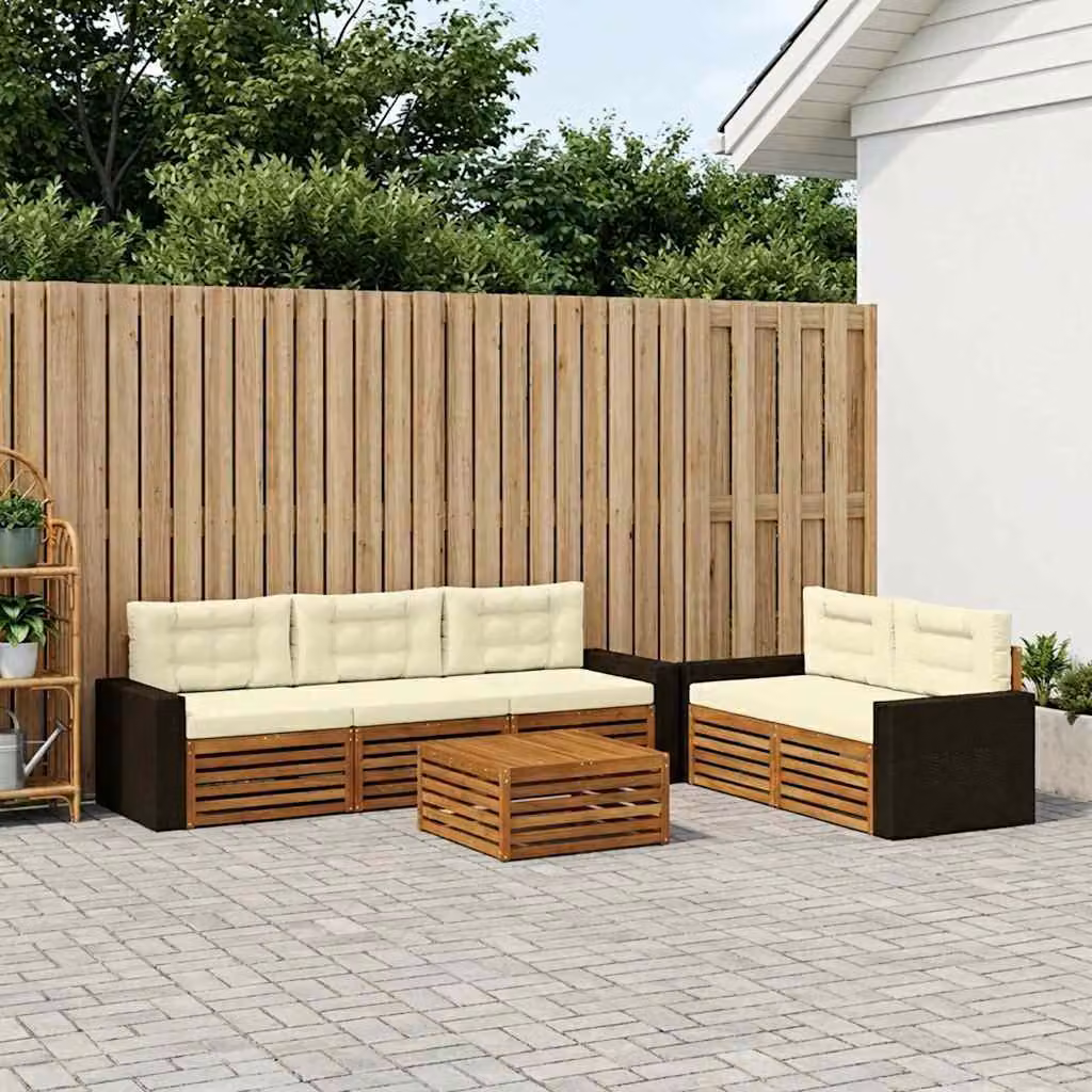 Set di divani da esterno vidaXL 6 pezzi in legno di acacia con tavolino e cuscini, colori beige, bianco e marrone