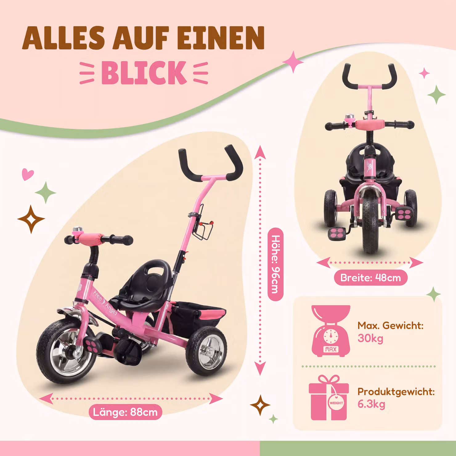 Triciclo per bambini Free Angel Spielwerk rosa con maniglia di spinta in metallo e plastica – 2