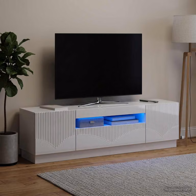 Mobile TV stand vidaXL moderno in legno MDF bianco lucido con illuminazione LED integrata per soggiorno, L: 153,0 cm, P: 40,0 cm, H: 35,0 cm