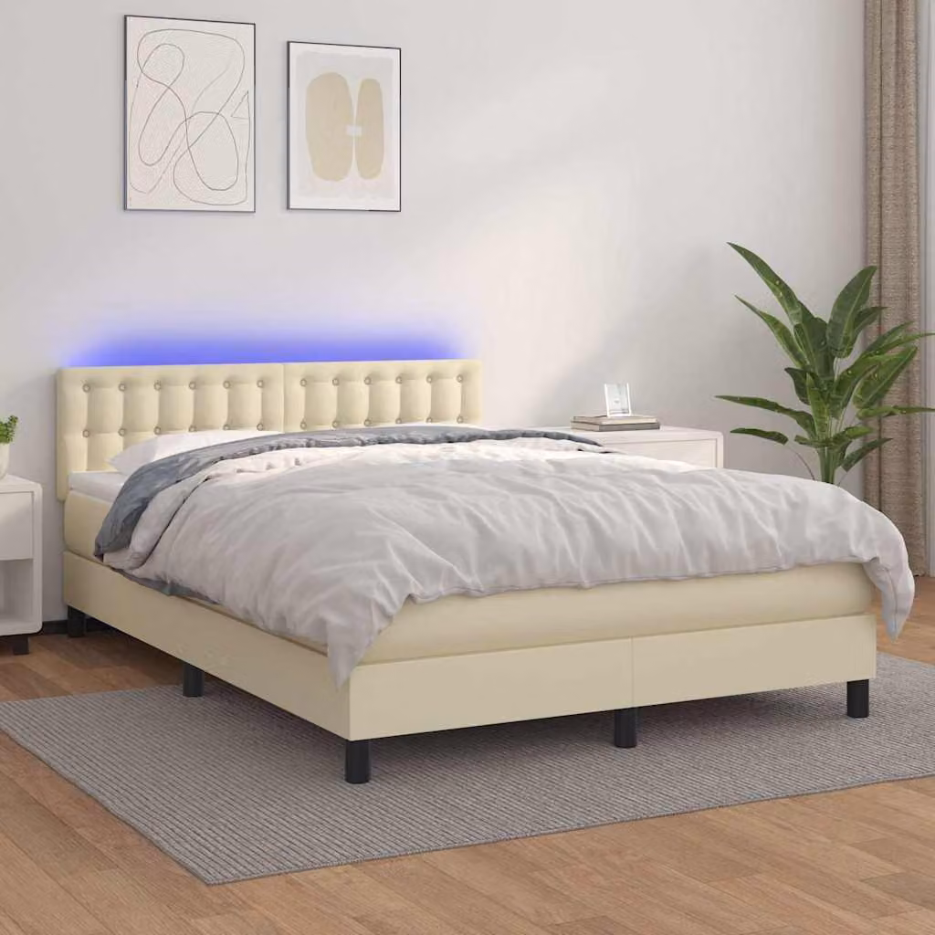 vidaXL Letto Ibrido con Materasso, Illuminazione LED e Porta USB, Beige e Bianco, L/P: 140 x 190 cm