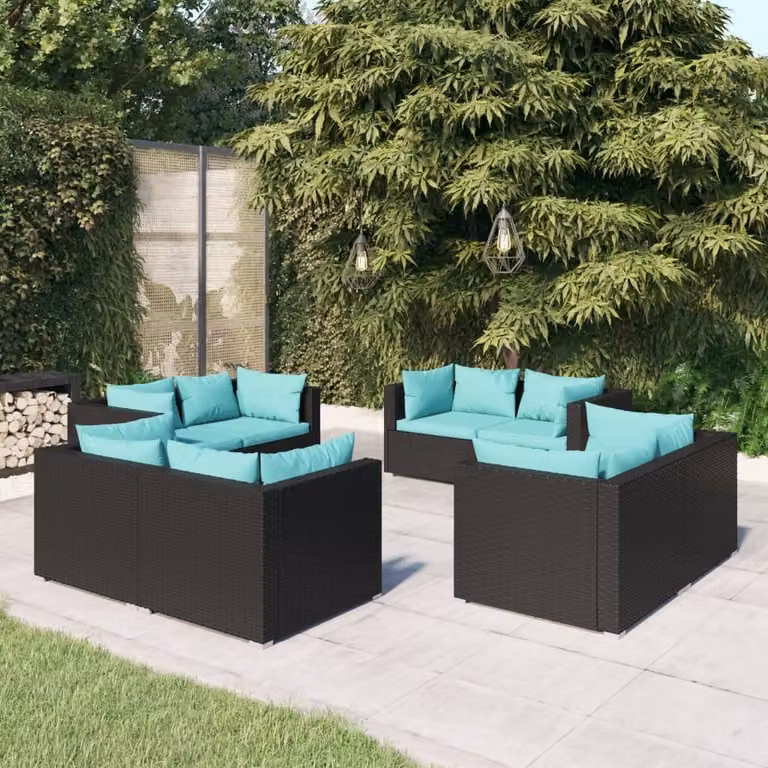 The Living Store Set salotto da giardino 8 pezzi con cuscini in poly rattan nero