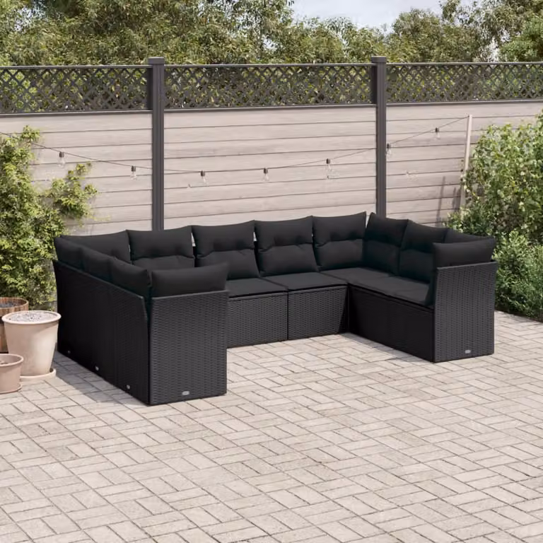 vidaXL Set Divani da Giardino a Forma di U in Polyrattan e Metallo Nero con Cuscini Imbottiti e Rivestimenti Rimovibili