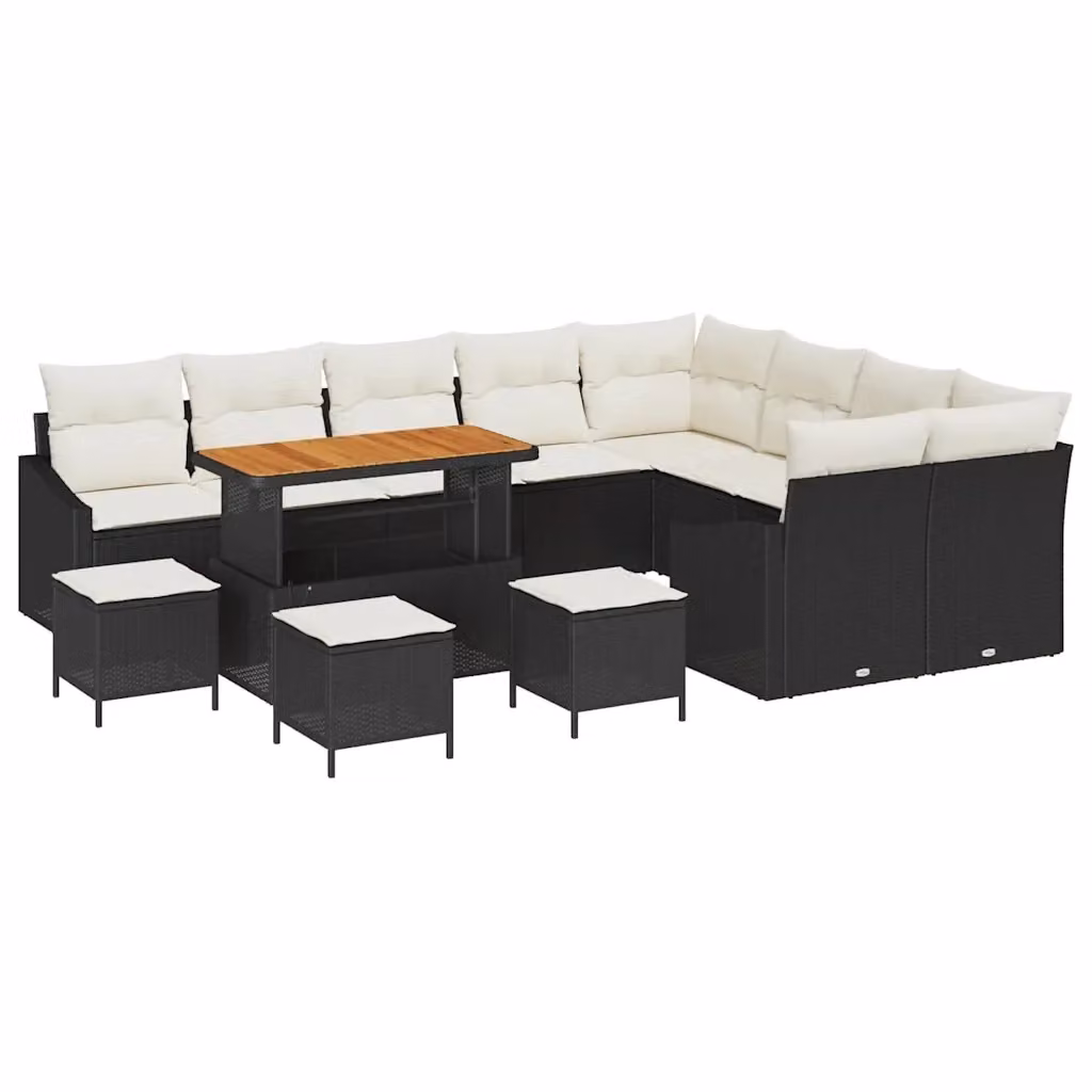 Set Divano da Giardino vidaXL 13 Pezzi a Forma di U con Cuscini e Tavolino, Nero e Beige, in Rattan e Metallo per Terrazza e Giardino – 2