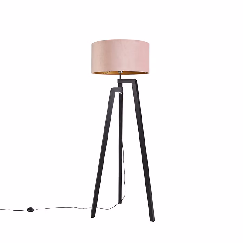 Lampada da terra con base a treppiede nera, paralume rosa e dettagli dorati, 50 cm, Puros