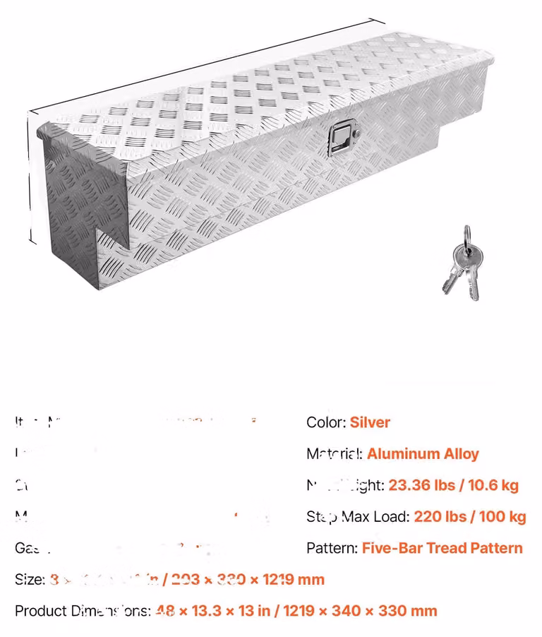Cassetta portattrezzi per camion, realizzata in alluminio resistente, design resistente agli agenti atmosferici, 48 pollici