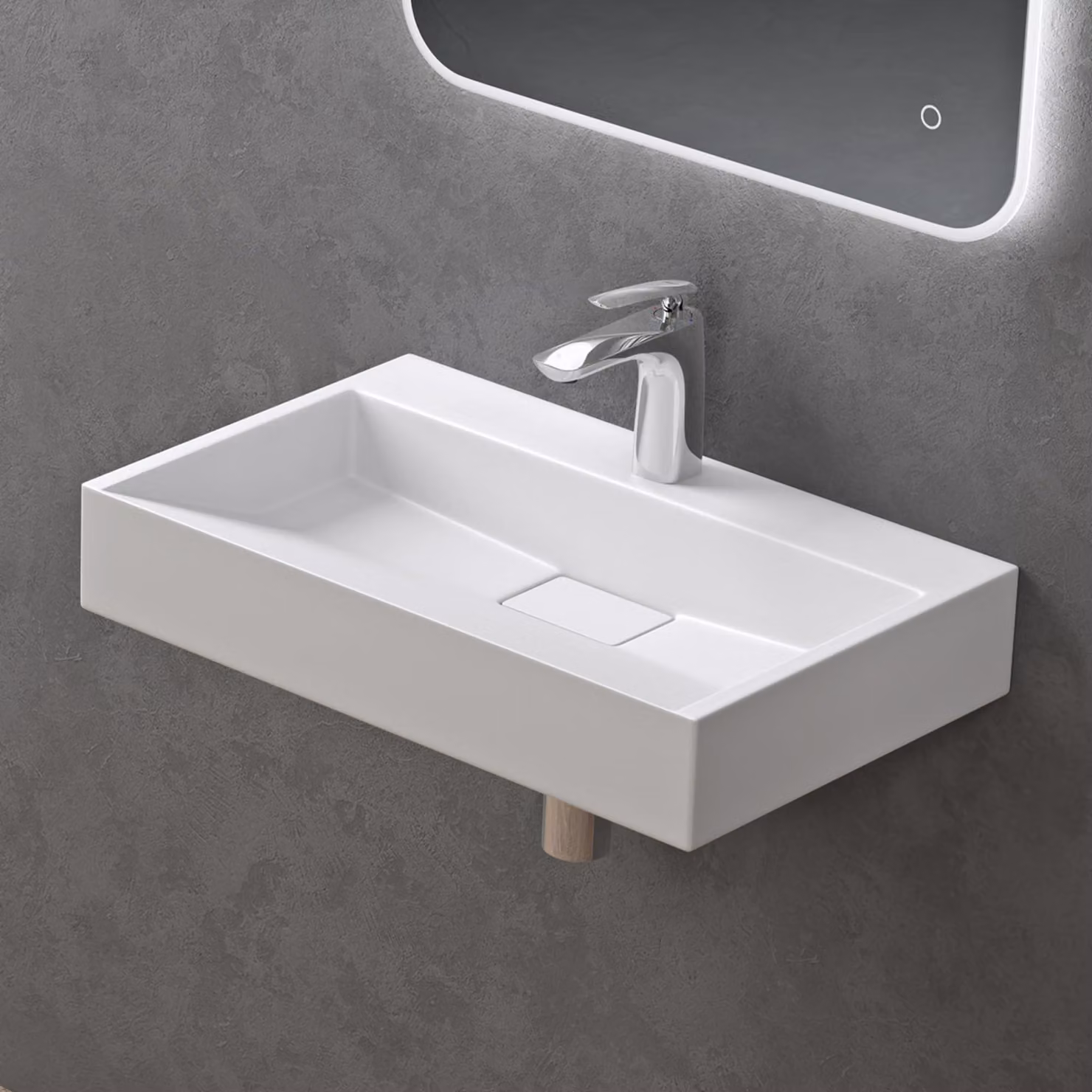 doporro Lavabo da Appoggio Bagno Sospeso Lavandino Rettangolare in Marmoresina con Piletta di Scarico Inclusa Colossum19, 60x38x11 cm Bianco Opaco Monoforo