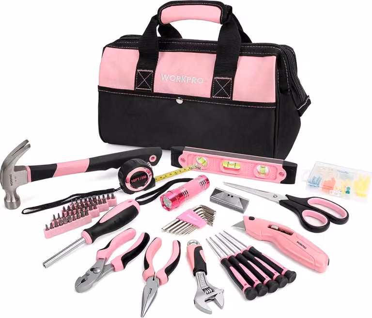WORKPRO Set di utensili rosa da 106 pezzi in borsa di nylon rosa