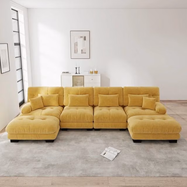Divano modulare MIVRAY in ciniglia giallo con ottoman e cuscini, configurabile a U, L o lineare per soggiorno e ufficio