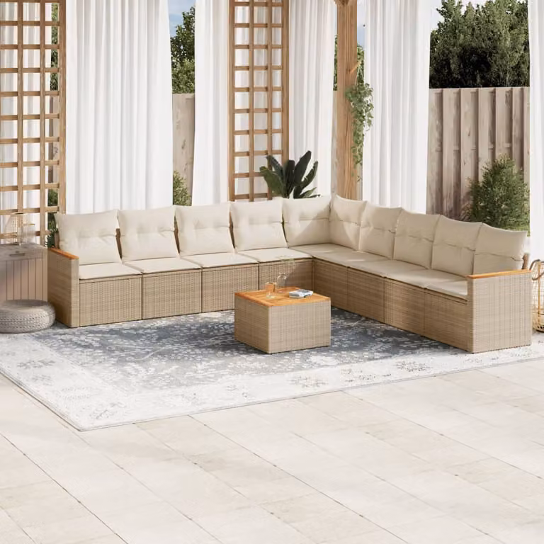 vidaXL Set Divano da Giardino 10 pz con Cuscini Beige in Polyrattan e Acciaio