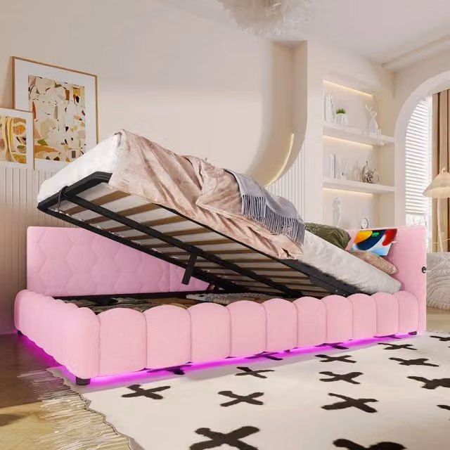Letto Contenitore Imbottito con LED ¨C MINIMAL ¨C Rosa 140x200, Idraulico, USB
