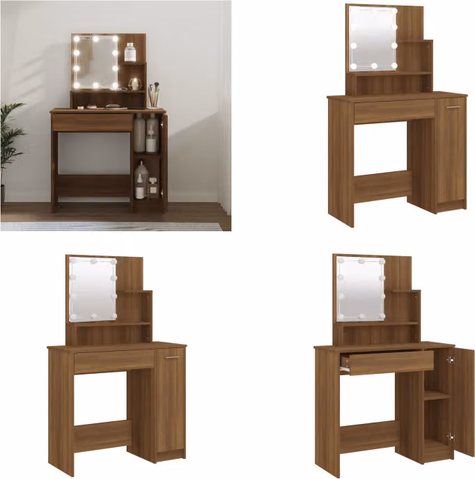 vidaXL Tavolino da toilette con LED in rovere marrone 86,5x35x136 cm - Tavolino da toilette - Tavolino da trucco - Tavolino da cosmesi - Tavolino da toilette