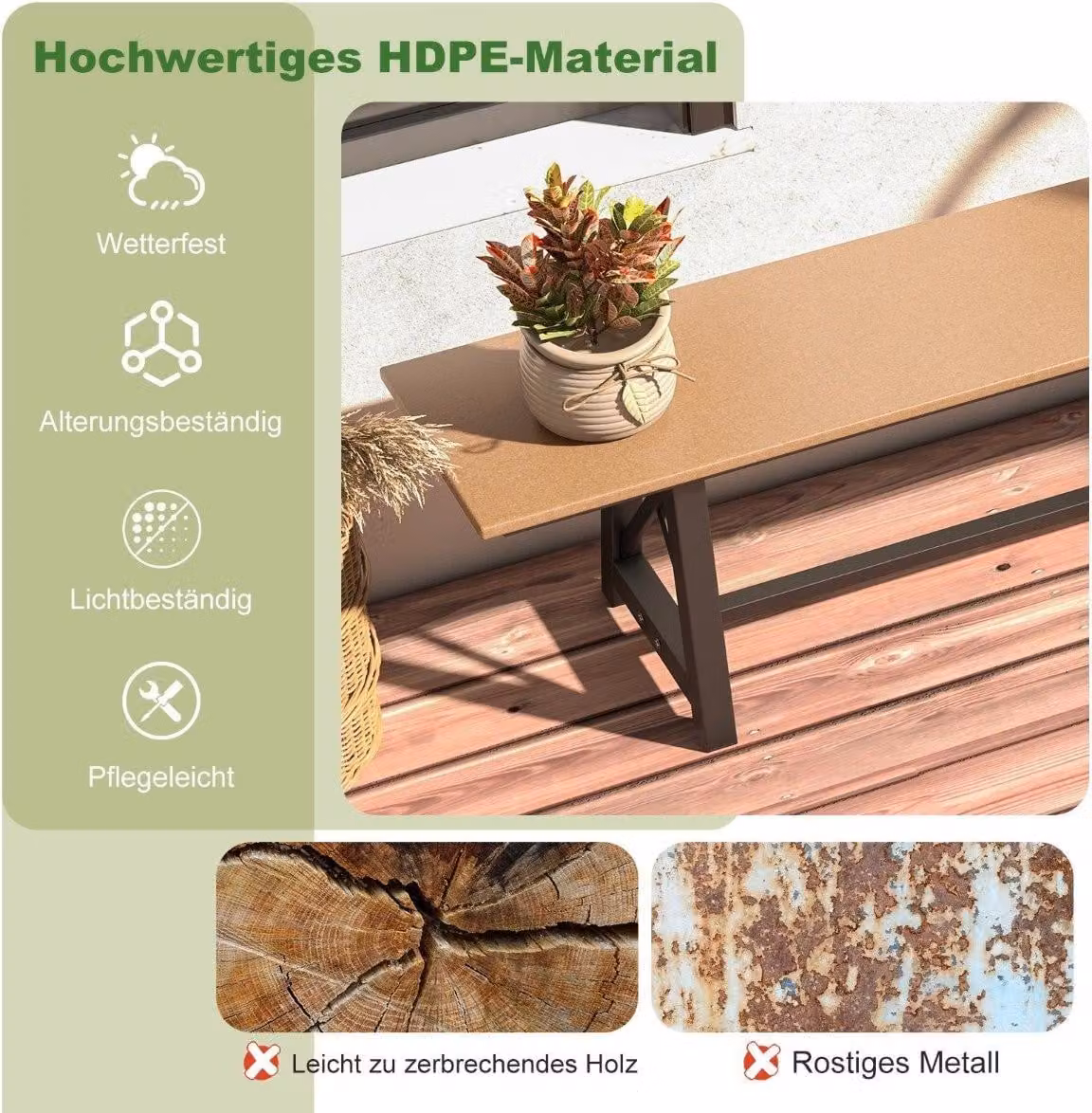 Panca da giardino panca a 3 posti resistente alle intemperie portata fino a 500 kg 183 x 35 x 41,5 cm marrone