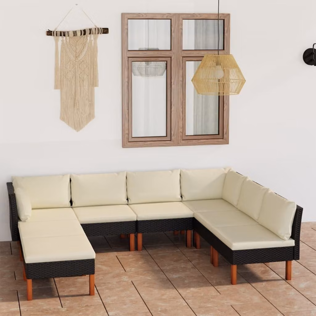 The Living Store Set salotto da giardino 8 pezzi con cuscini in poly rattan nero