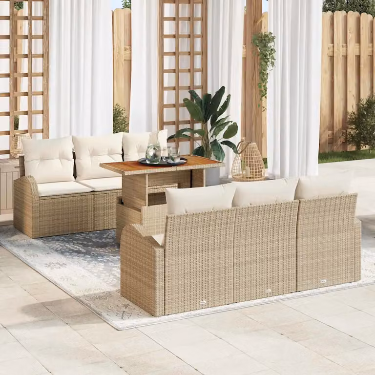 Set Divano da Giardino vidaXL 7 Pezzi in Polyrattan Beige con Cuscini e Tavolino