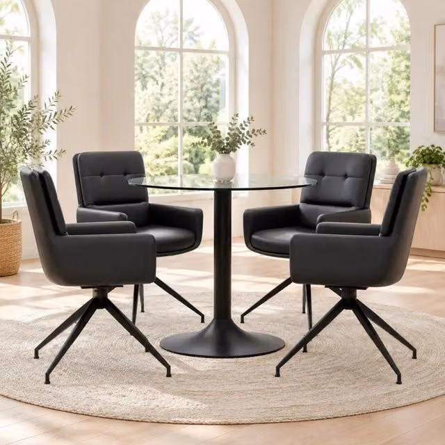 Set Tavolo da Pranzo Rotondo in Vetro Temperato con 4 Sedie Girevoli in PU Nero