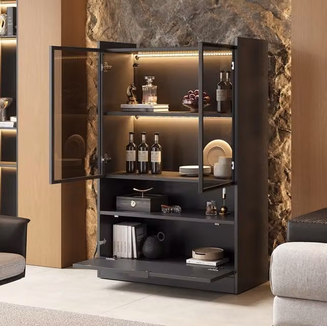 Vetrina moderna nera opaca con illuminazione LED controllabile via app, 120x80x35 cm, struttura in truciolato e vetro temperato