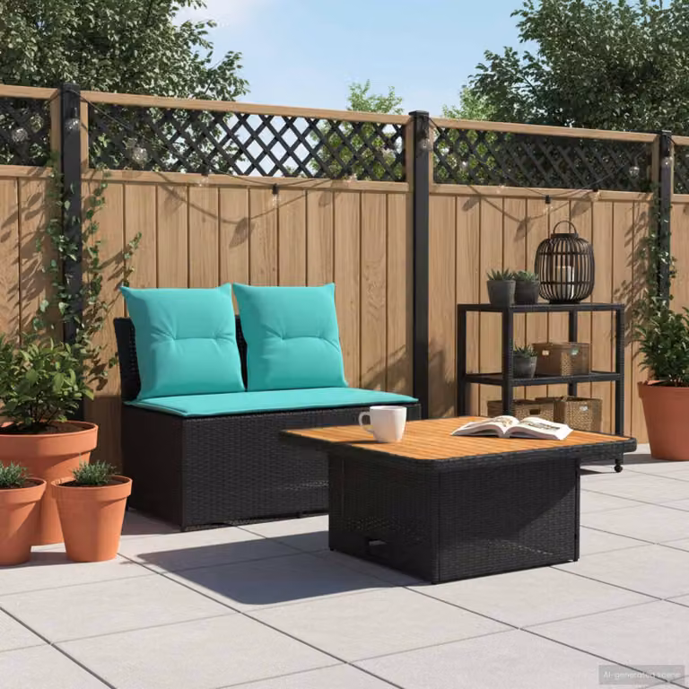 Set da giardino vidaXL composto da 2 divani a due posti con tavolino, colore turchese e nero, con struttura in acciaio verniciato a polvere e cuscini in schiuma con rivestimenti rimovibili