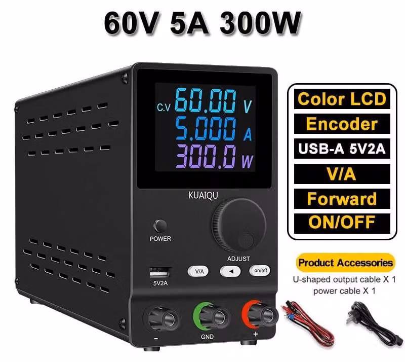 Alimentatore da laboratorio CC - Alimentatore da tavolo - 60 V, 5 A, 300 W - Tensione/corrente regolabili - Display LCD - USB 5 V, 2 A - Ingresso 220 V - Nero