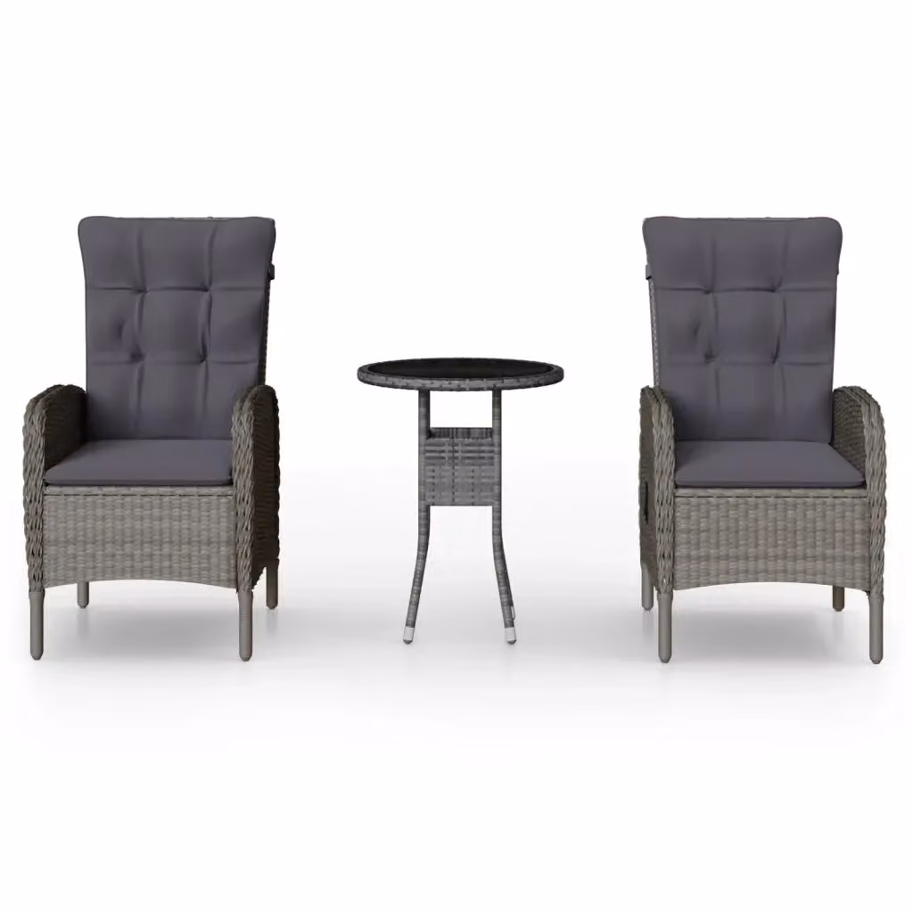Set da Bistrot per Giardino 3 pz vidaXL in Polyrattan Grigio con Piano in Vetro – 2