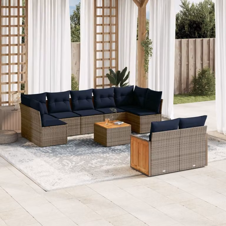Set da giardino vidaXL in polyrattan composto da 10 pezzi con cuscini grigi e blu, design moderno a forma di L con tavolo da caffè e struttura in metallo per esterno