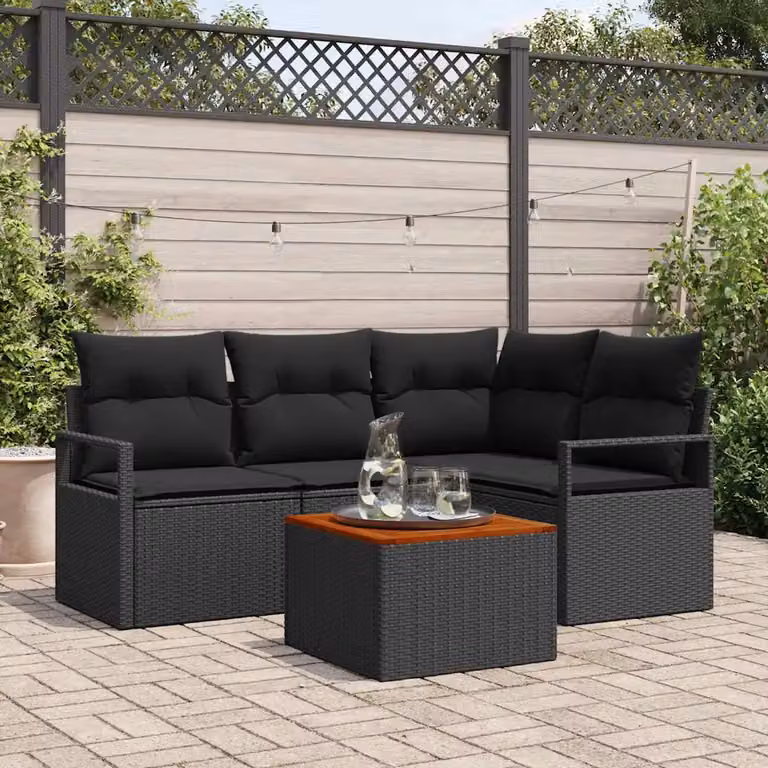 Set Divano da Giardino a L vidaXL in Polyrattan Nero con Cuscini Imbottiti e Tavolino