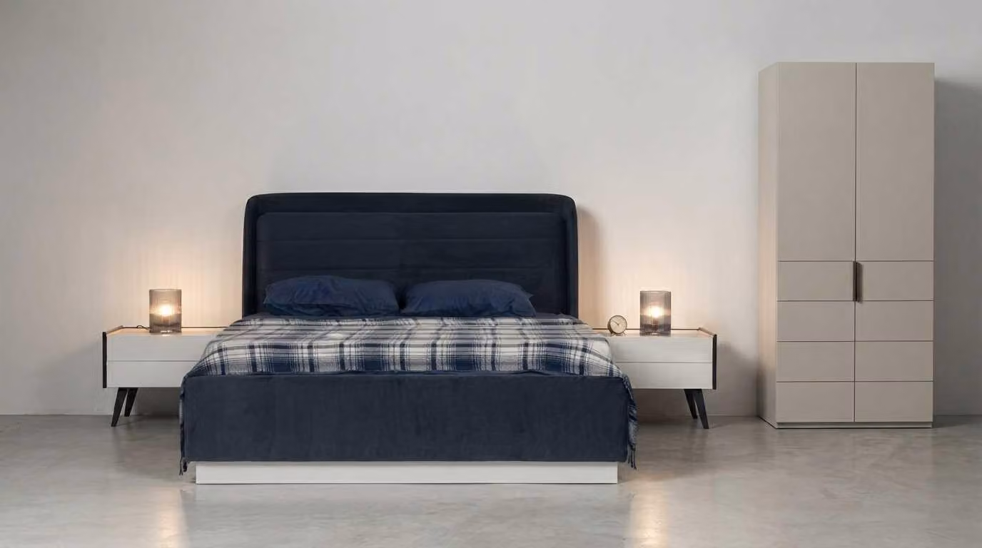 Set per camera da letto: letto, comodini, armadio, design moderno, colori blu e beige, elegante