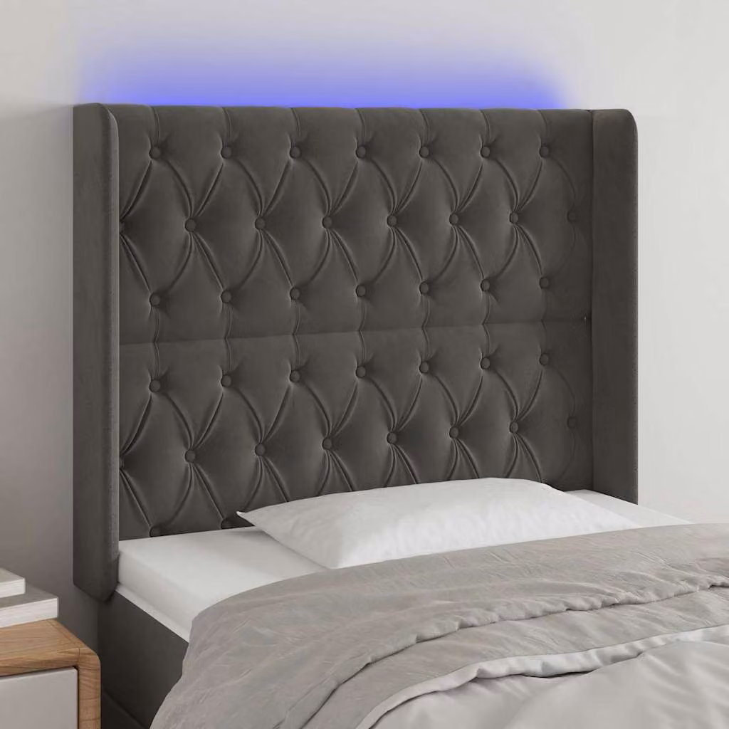 Testiera con LED e porta USB vidaXL in velluto grigio, L/P/H: 93 x 16 x 118/128 cm