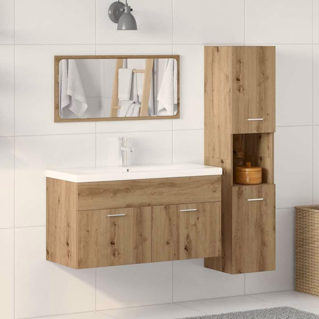 Set di mobili da bagno vidaXL 3 pezzi in legno rovere marrone con mobile lavabo, armadietto specchio e colonna alta