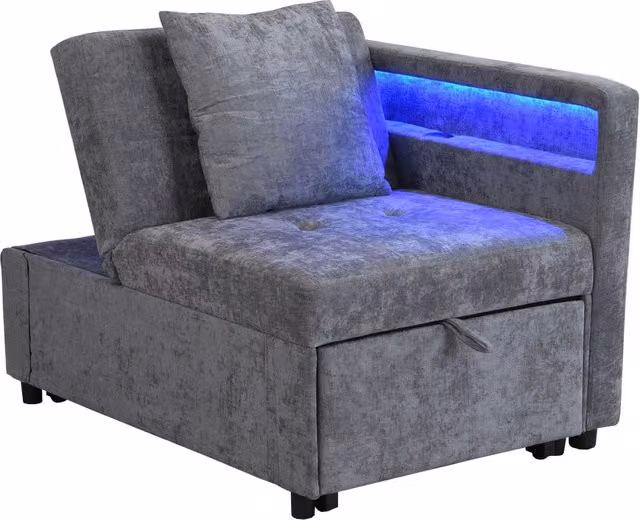 Divano letto 3 in 1 177x68x65 cm con schienale regolabile; LED; USB-C e tessuto di lino grigio chiaro