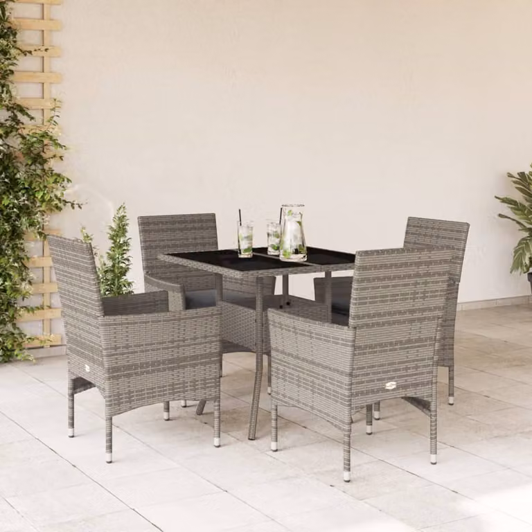 Set da pranzo da giardino vidaXL in polyrattan grigio con tavolo in vetro e 5 pezzi con cuscini