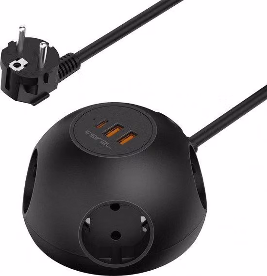 Prolunga da 15 m, nera, con 4 prese e USB