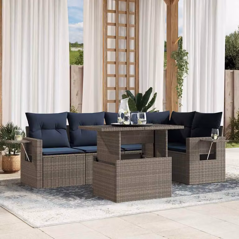 Set da giardino vidaXL in polyrattan da 6 pezzi con cuscini e tavolino, design moderno a L, colore grigio e blu