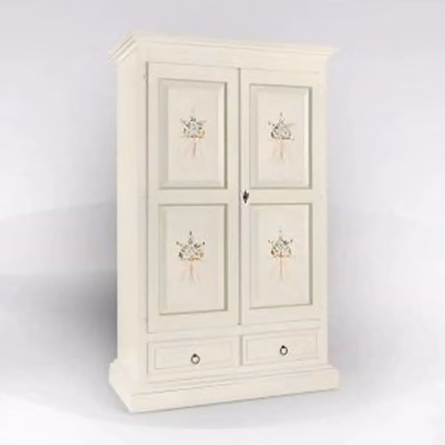 Armadio Verona KIVIO in legno bianco opaco con decorazioni floreali verdi L: 125 cm, P: 60 cm, H: 200 cm