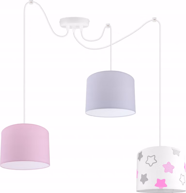 Lampada a sospensione per la camera dei bambini - Lampada da soffitto - Lampada a sospensione in metallo con paralume - Spider 3 luci, grigio rosa e stelle, Spider Diuna