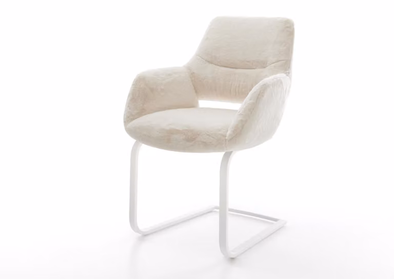 DELIFE Sedia a sbalzo Yago-Flex con braccioli, rivestimento in peluche bianco crema, struttura a sbalzo piatta, bianco, molle insacchettate
