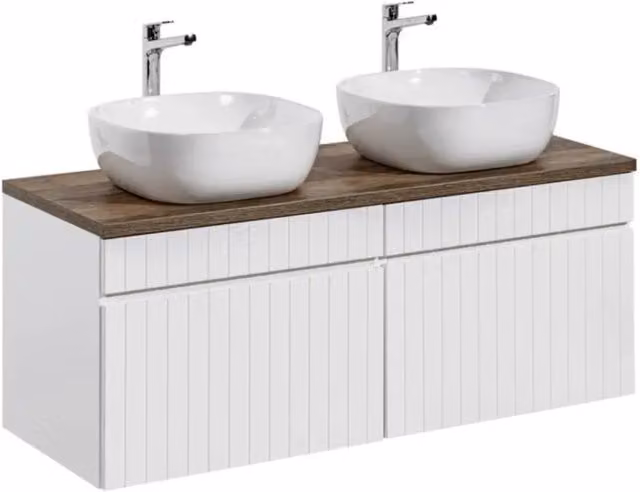 Set ICON bianco: mobili sottolavabo 160cm + piano per lavabo + due lavabi da appoggio bianchi