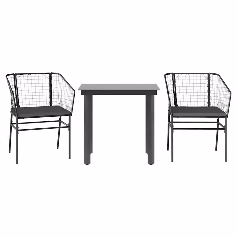 Set da pranzo da giardino 3 pezzi vidaXL in polyrattan con cuscini e tavolo in vetro nero e grigio