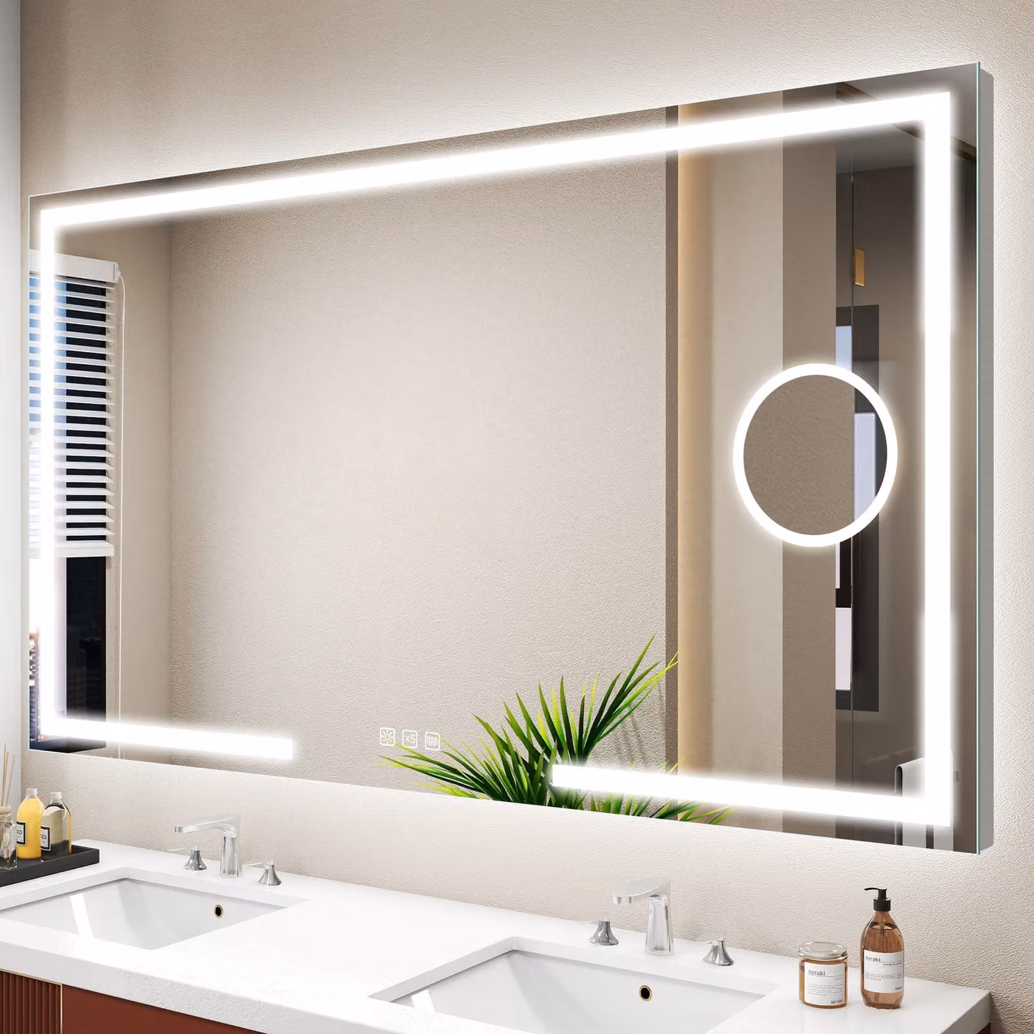 Specchio da bagno a LED, dimensioni 120x70 cm, ingrandimento 5x, con dimmer, grado di protezione IP44