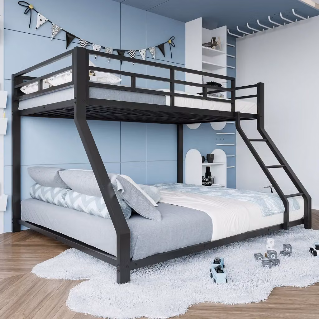 Letto a castello Mivray in metallo nero con scala e barriera, ideale per camera da letto e cameretta, L/P/H: 204 x 144,5 x 136 cm – 2
