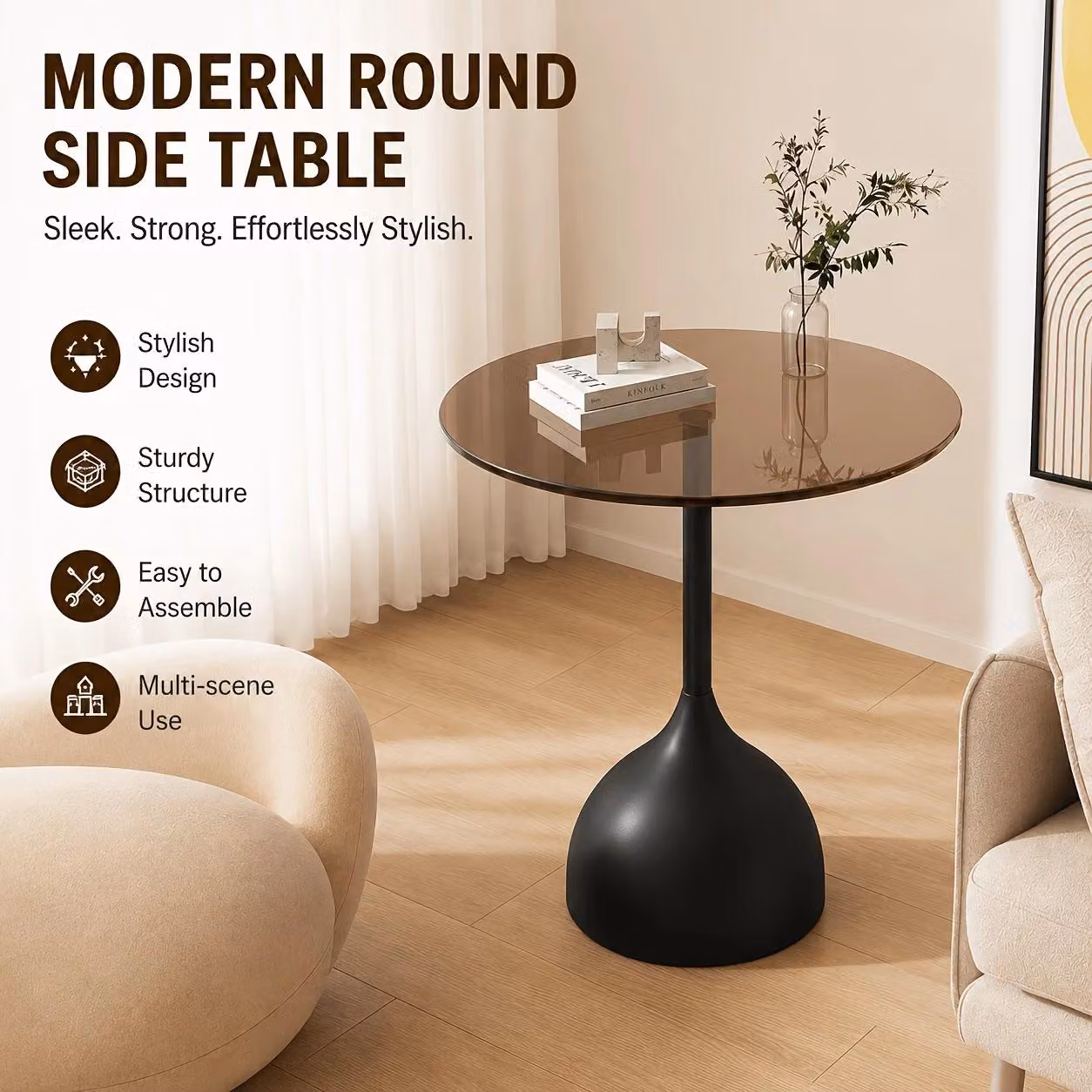 Tavolino rotondo – Tavolino da divano – Piano in vetro temperato – Struttura in metallo – Altezza 59 cm – Design moderno minimalista – Colore: nero