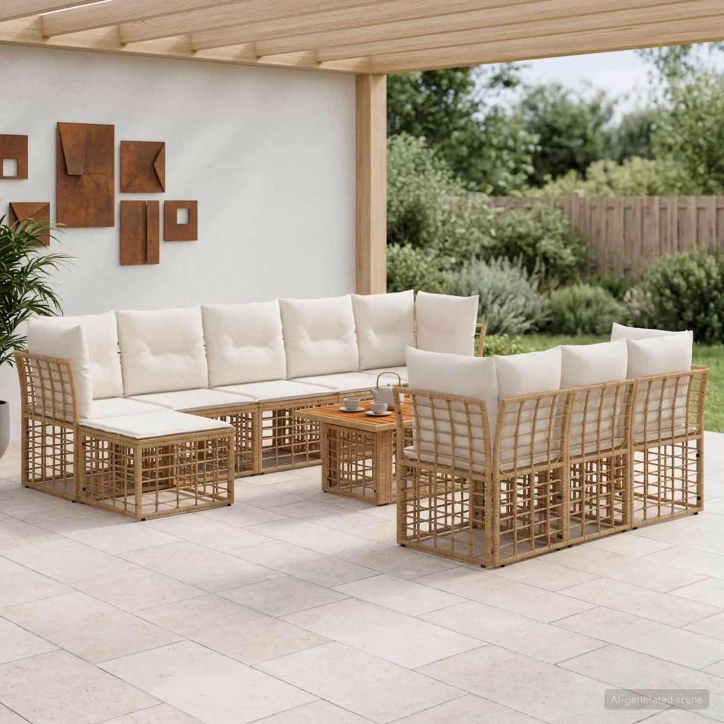 Set Divano da Giardino vidaXL 11 pz in Polyrattan con Cuscini Beige e Bianco Crema