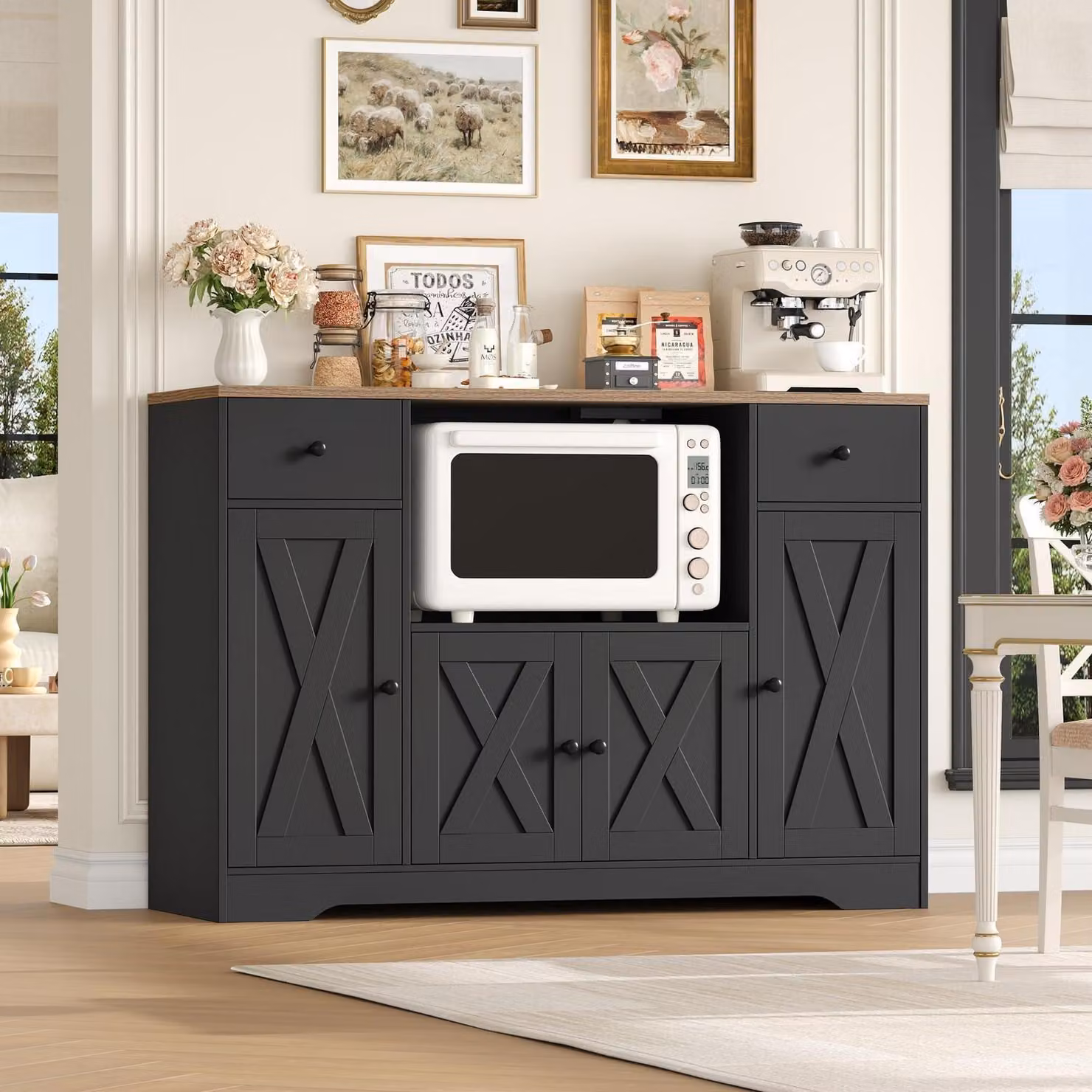 Mobiletto contenitore per cucina, 120 cm, con presa di corrente e ripiano per microonde, colore nero, dimensioni 120x85x40 cm