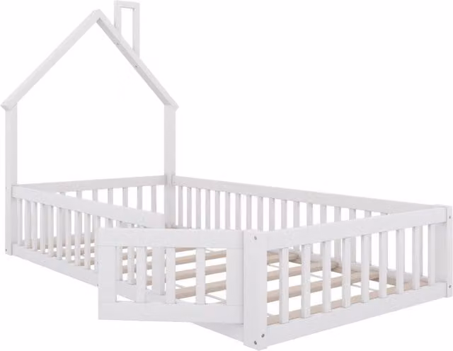 Letto per bambini a forma di camino, 90x200 cm, in legno di pino bianco con rete a doghe