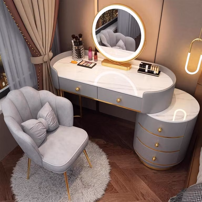 Set da trucco con specchio e sedia, colore grigio, 100 cm