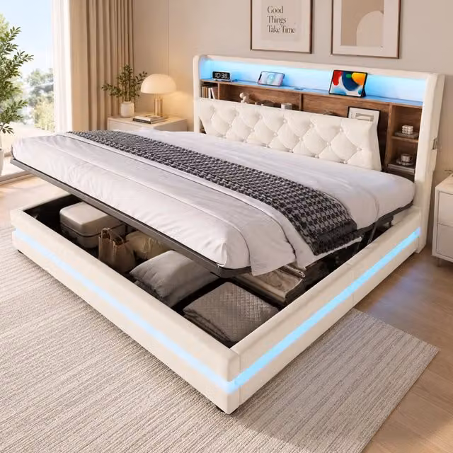 Letto contenitore imbottito 180x200 cm; sollevamento idraulico; testiera con ripiani; LED; 2 USB/Type-C; rete a doghe; velluto; beige