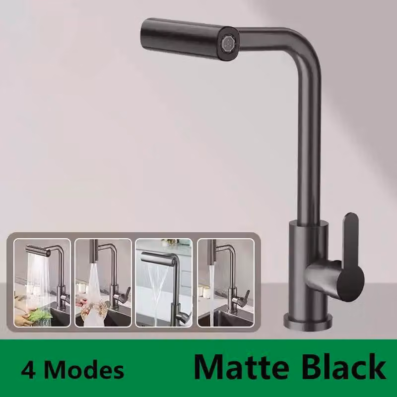 Rubinetto da cucina - Rubinetto estraibile per lavello - Orientabile a 360° - Miscelatore caldo/freddo - Due tipi di getto (spruzzo/perlatore) - Cartuccia in Vetroceramica - Acciaio inossidabile - Nero opaco